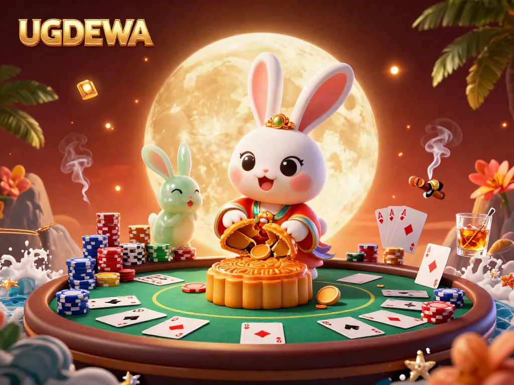 Explore UGDEWA's vibrant casino scene featuring Asian folklore elements, poker chips, and moon rabbits.