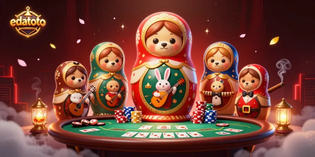 Experience excitement at edatoto with lively casino-themed 3D illustration featuring animated characters and vibrant elements.