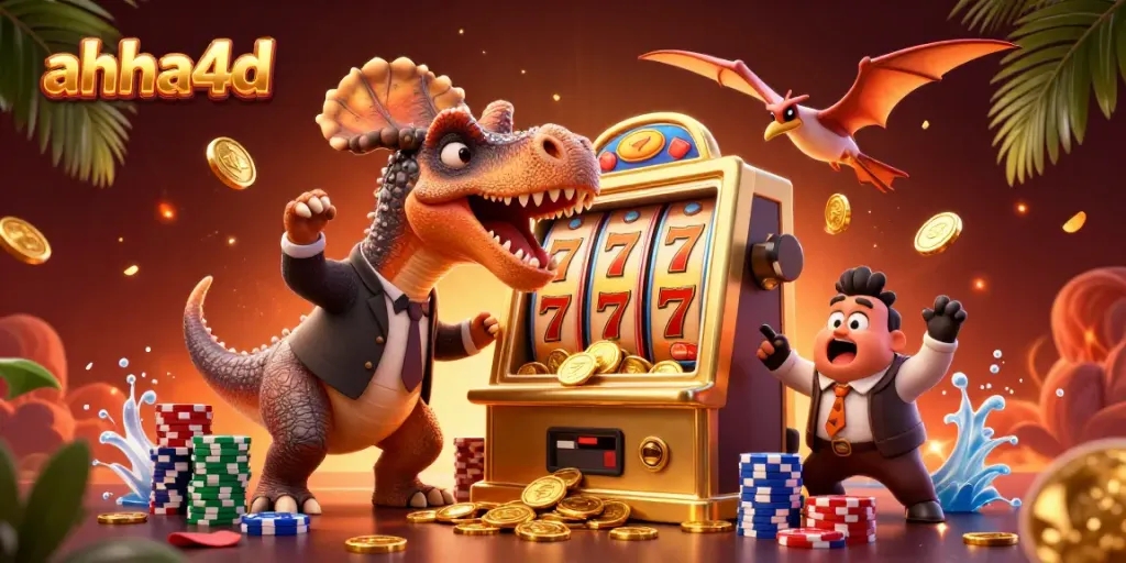 Experience exhilarating wins at ahha4d with a dinosaur-themed casino scene featuring a jackpot payout!