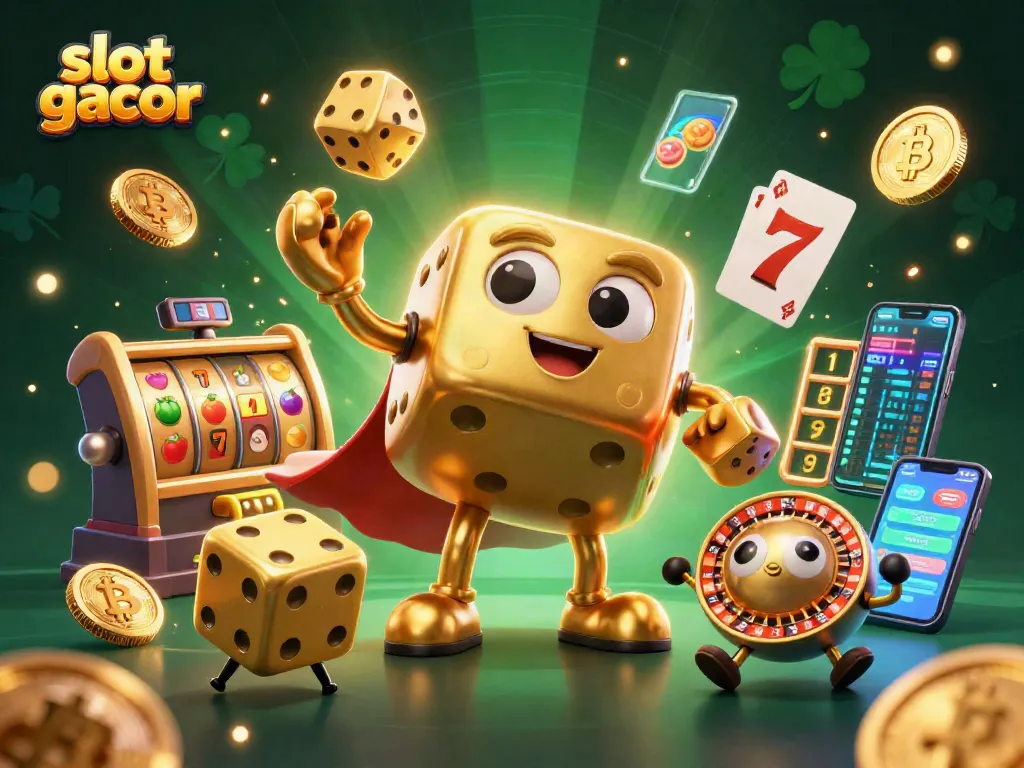 Permainan slot gacor dengan karakter dadu emas, simbol buah, dan unsur jackpot yang menarik.