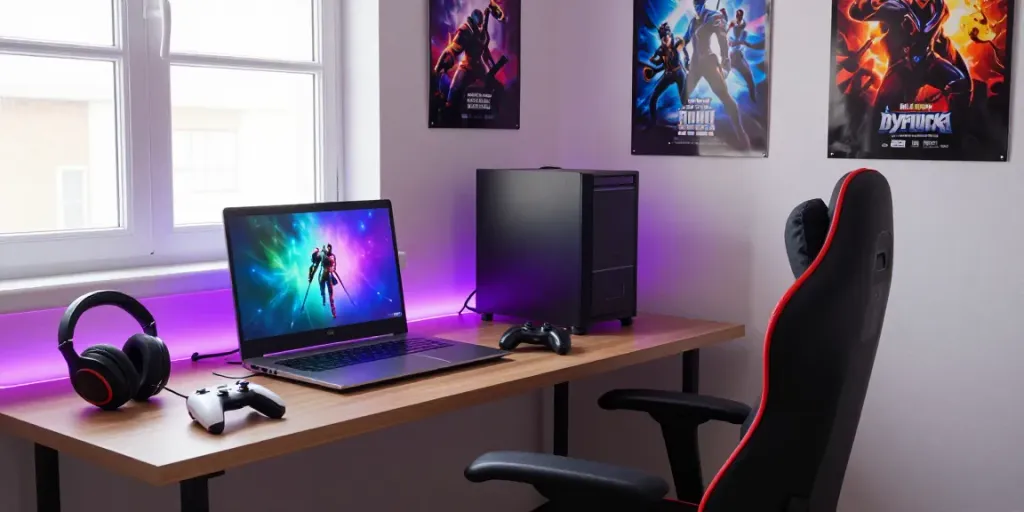 Ruang permainan sederhana dan menarik dengan laptop gaming, cahaya LED, dan alat permainan, mewakili pengalaman bermain harum4d.