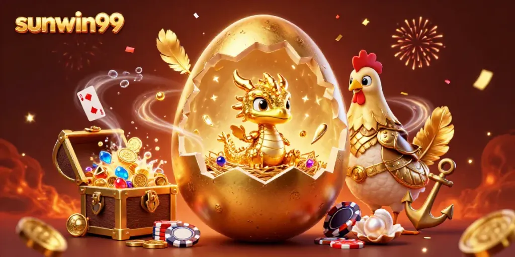 Win big with sunwin99, featuring a golden dragon, poker chips, and vibrant casino elements.