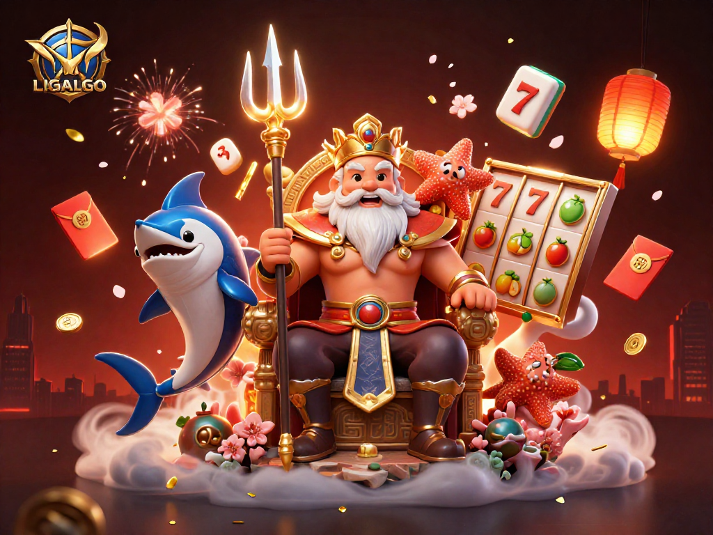 LIGALGO slots illustration with Neptune, a swordfish, and a starfish amidst dynamic game elements.