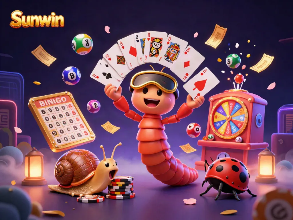 Experience the thrill of Sunwin with a vibrant 3D dealer scene filled with colorful casino elements.