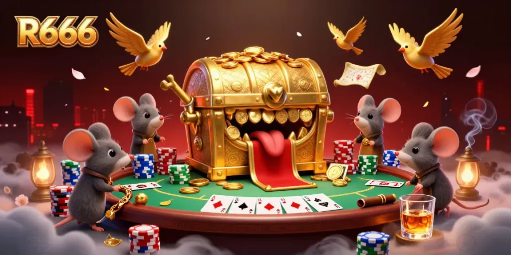 Engage in the R666 casino world with a vibrant illustration of poker dynamics and whimsical characters.