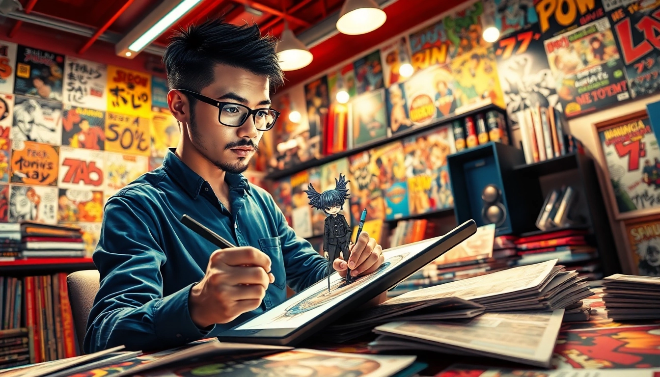 Menggambarkan shinigami dalam komik, artis sedang melukis di studio kreatif.
