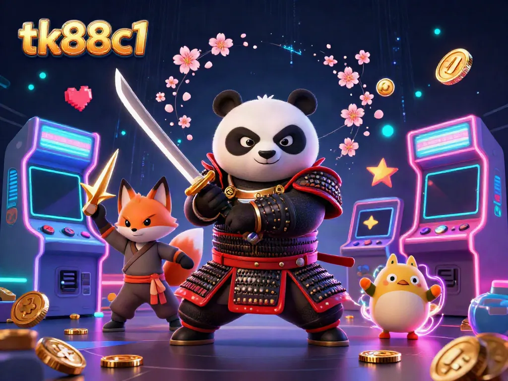 Experience the thrill with tk88c1 as a giant samurai panda clashes with a ninja fox amidst glowing arcade elements and dazzling casino graphics.