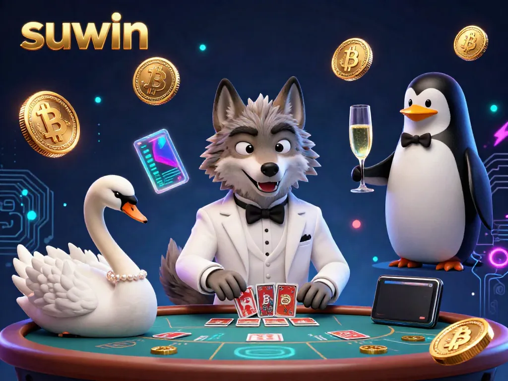 Suwin excels at baccarat and crypto gaming, featuring a debonair wolf, elegant swan dealer, and penguin sommelier.