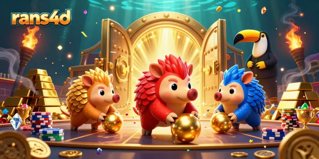 Sensasi menang di rans4d dengan pangolin berwarna berperang di antara tumpukan chip poker emas.