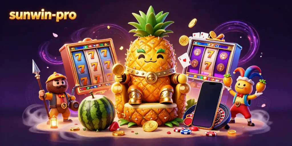 Engage with sunwin-pro featuring a golden pineapple king amidst vibrant slot elements in a beach casino.