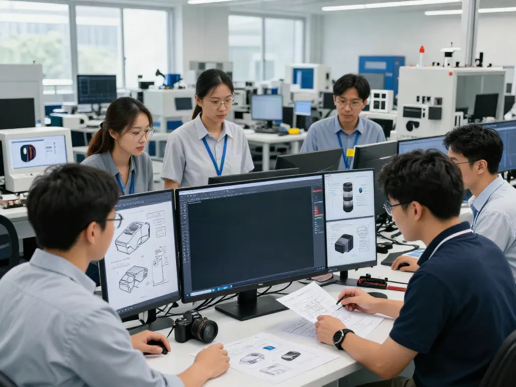 Collaboration in a modern facility designing new Produk with engineers and technology