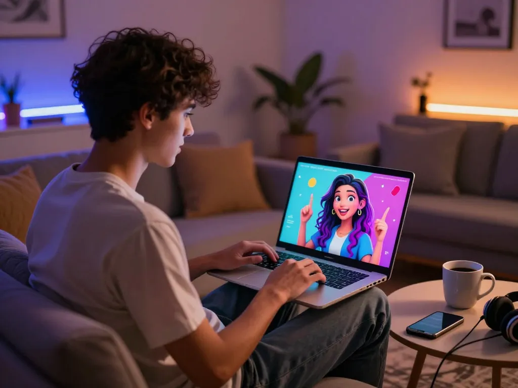 Engaging NSFW chat interaction on a laptop in a cozy living room setting with virtual AI character displayed.