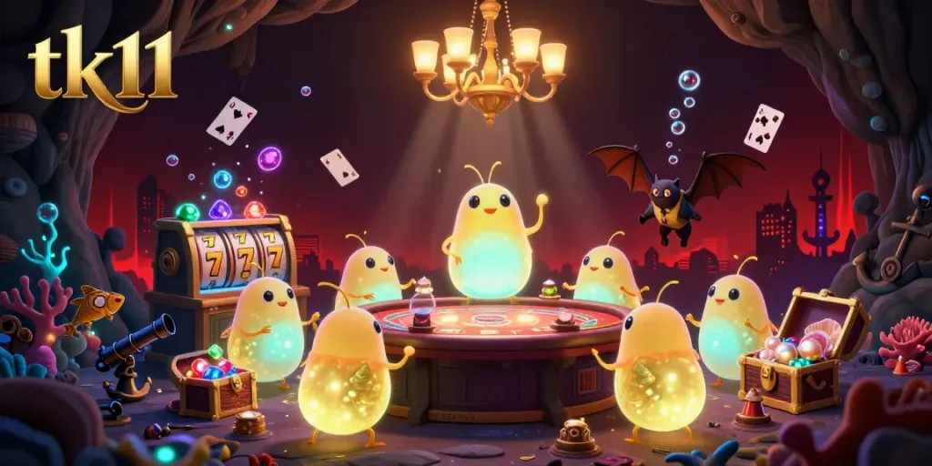 tk11 glowworms illuminate a lively casino scene with colorful slot elements and treasures.