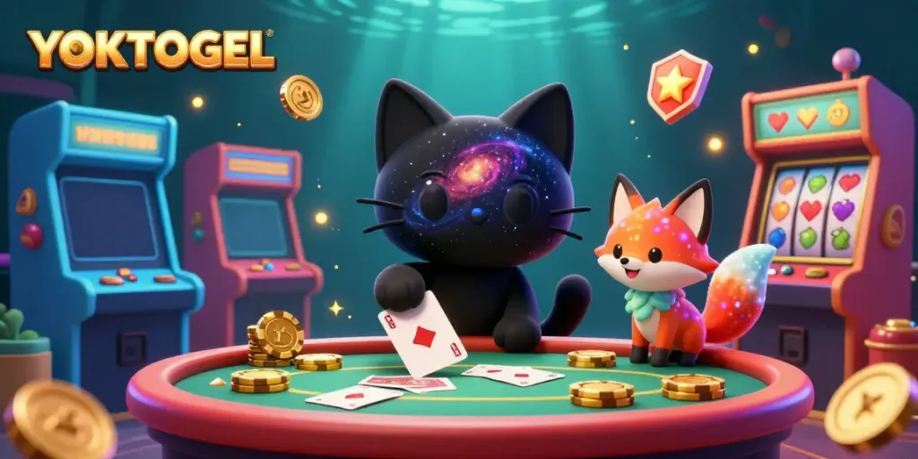 Experience YOKTOGEL's cosmic charm as the black hole cat attracts golden chips and cards in a vibrant casino.