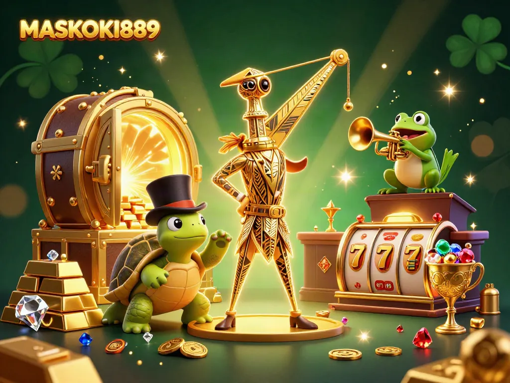 Experience thrilling action at MASKOKI889 with a vibrant casino-themed 3D illustration showcasing captivating characters and slot game elements.