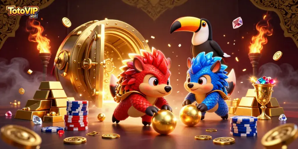 TotoVIP slot competition scene with rival pangolins rolling golden balls and navigating poker chips in a vibrant casino atmosphere.
