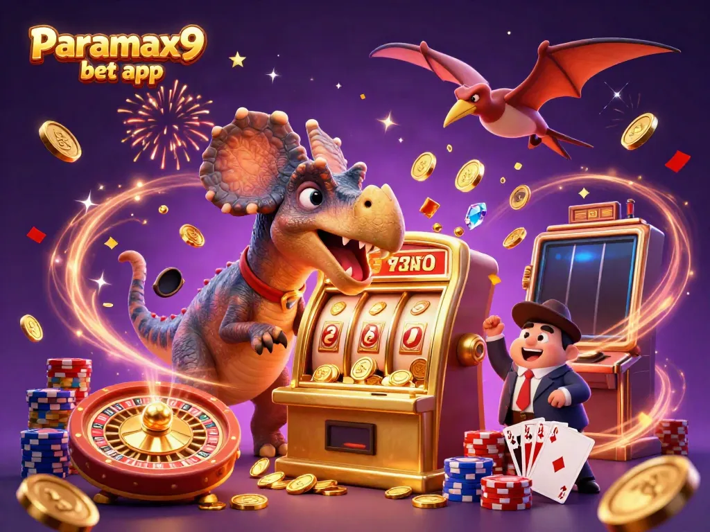 Experience gaming excitement with the Paramax9 bet app in an animated casino scene.