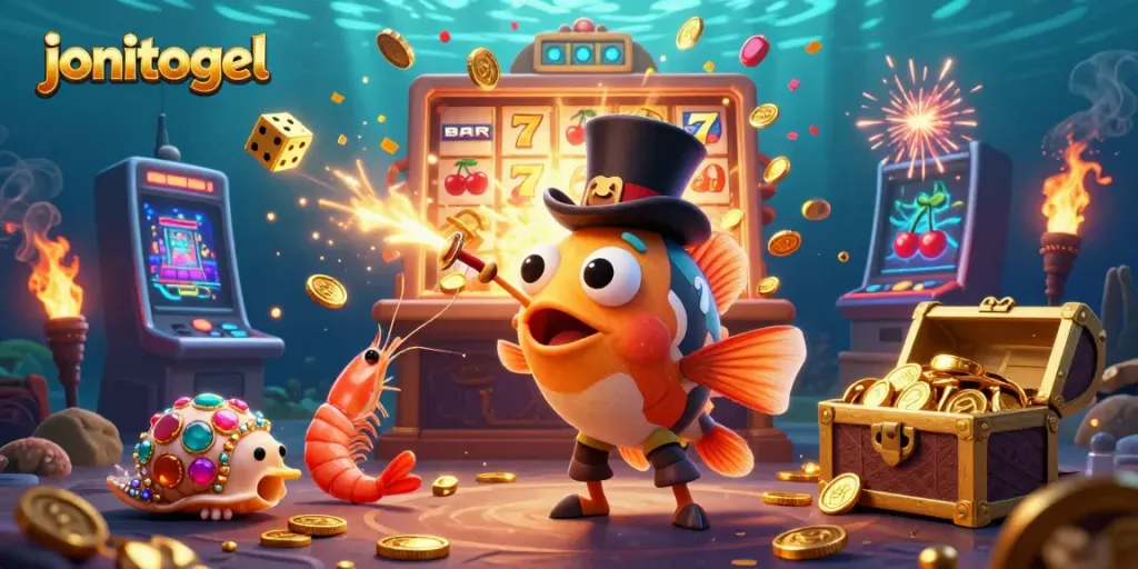 Engage with jonitogel’s vibrant casino scene featuring a glowing anglerfish, pirate shrimp, and gemstone snail amidst a jackpot explosion.