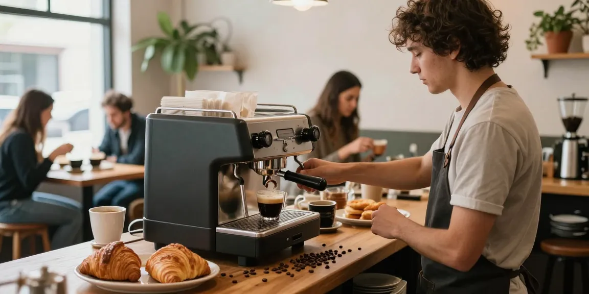 Barista brewing espresso at cozy shop with rokok88 coffee beans and fresh pastries.