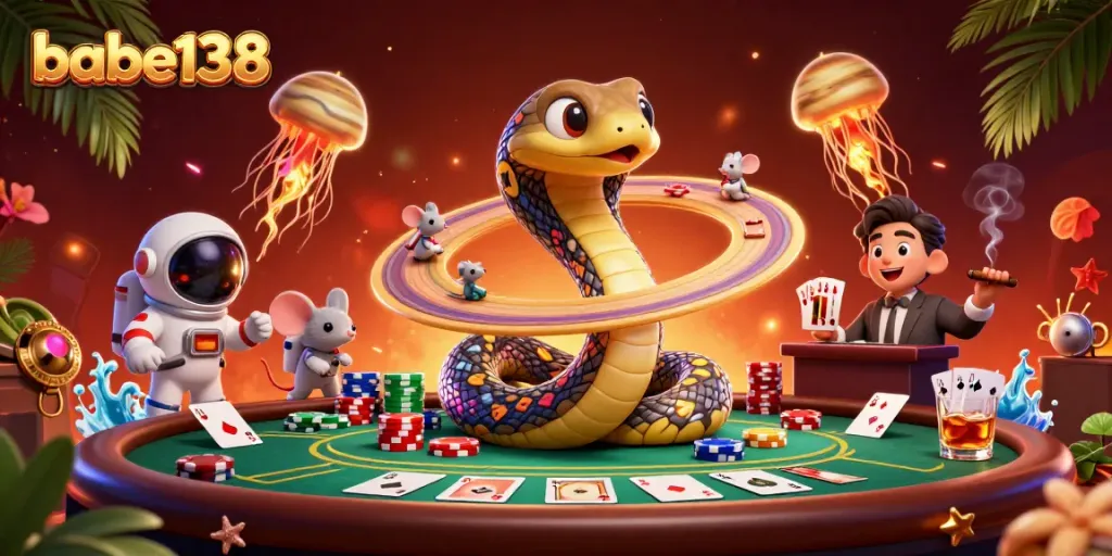 Permainan slot menarik di babe138 dengan ular Saturnus dan dealer ubur-ubur di latar luar angkasa.