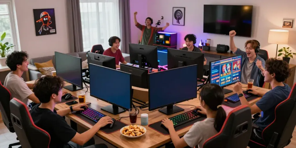 Pengalaman bermain game di kingliga dengan kelompok teman, suasana meriah, layar besar dan pernak-pernik gaming.