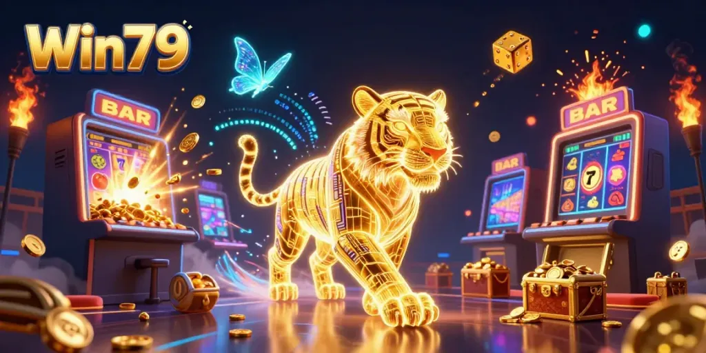 Win79's vibrant digital casino scene showcases energetic gameplay, featuring a golden tiger amidst a jackpot explosion.