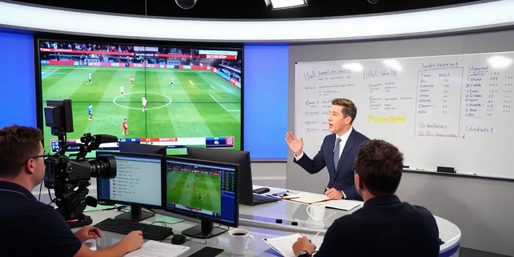 Sports analyst discussing jebolwd match highlights in a vibrant studio.