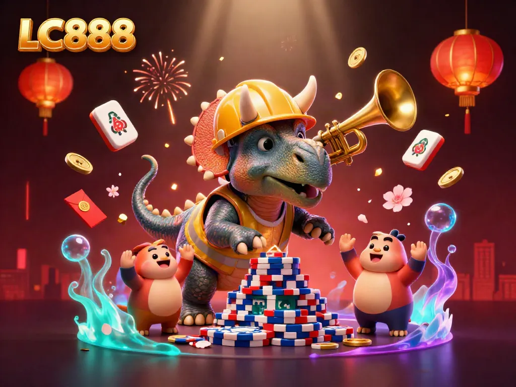 Celebrate with LC888 as a triceratops builds a poker chip pyramid amidst festive casino elements.