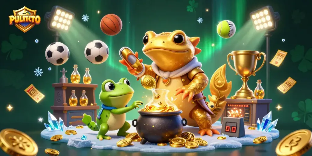 PULITOTO showcases a bustling digital casino scene featuring a golden salamander alchemist amidst sports betting elements.