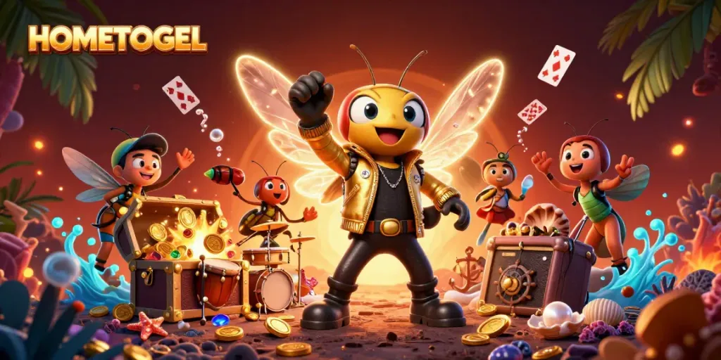 Play thrilling games with HOMETOGEL, where a cicada rock star and band celebrate winning moments amid vibrant treasures.