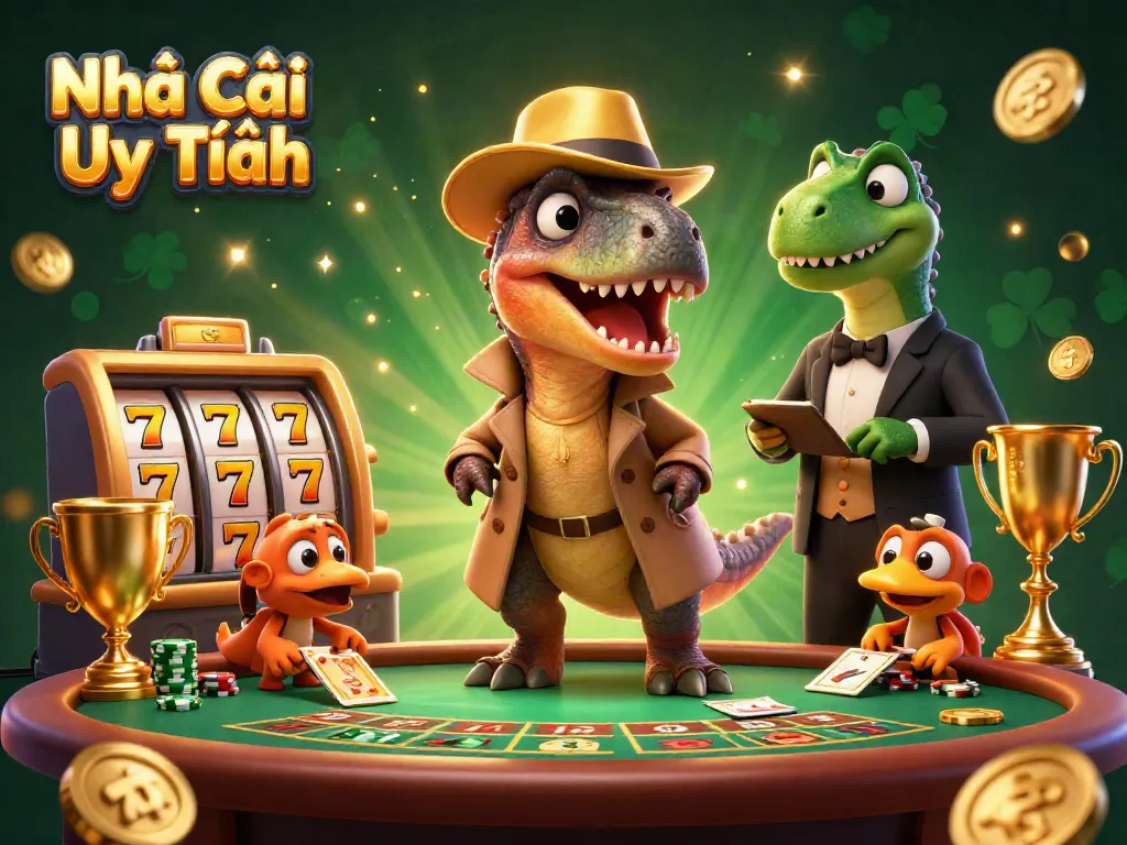 Nhà Cái Uy Tín illustration with a velociraptor at a blackjack table amidst dynamic slot game elements and lively casino atmosphere.