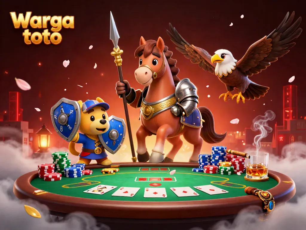 Warga toto menampilkan keseruan taruhan di kasino dengan karakter ksatria, anjing squire, dan elang dalam suasana dinamis.