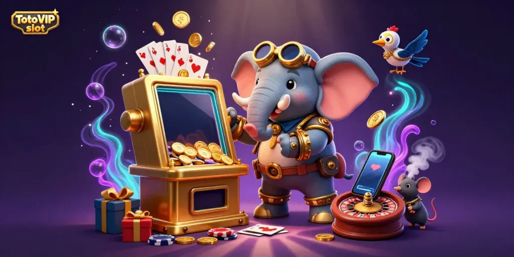 TotoVIP slot engaging scene with a steampunk elephant operating a golden slot machine with dynamic game elements.