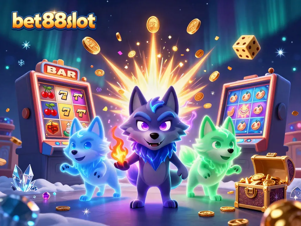 Engage with the immersive bet88slot experience, showcasing a vibrant slot machine and enchanting cartoon wolves in a magical setting.