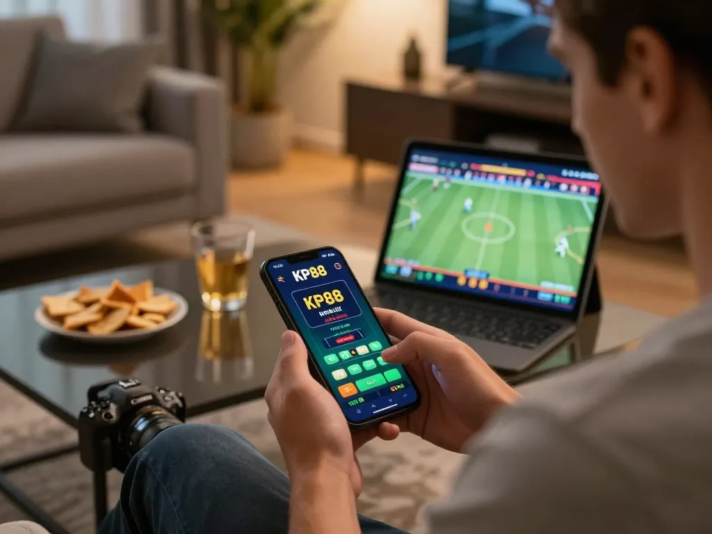 Player using KP88 mobile app for sports betting, focused on strategy in a cozy modern space.