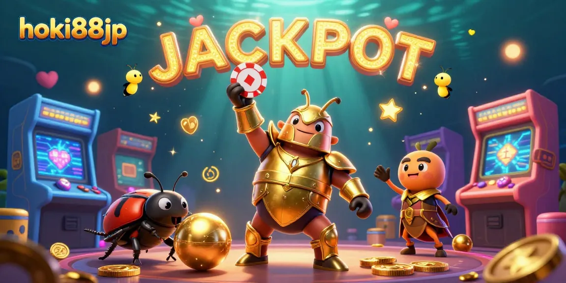 Memenangkan jackpot di HOKI88JP dengan ilustrasi slot yang menggembirakan dan karakter kartun.