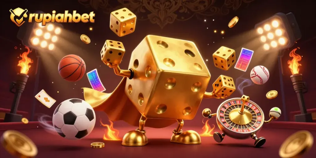 Experience thrilling gameplay with rupiahbet's unique 3D casino visual featuring golden dice and sports elements.