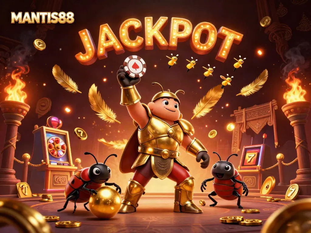 MANTIS88 features a victorious hercules beetle lifting a poker chip amidst slot reels and golden elements.