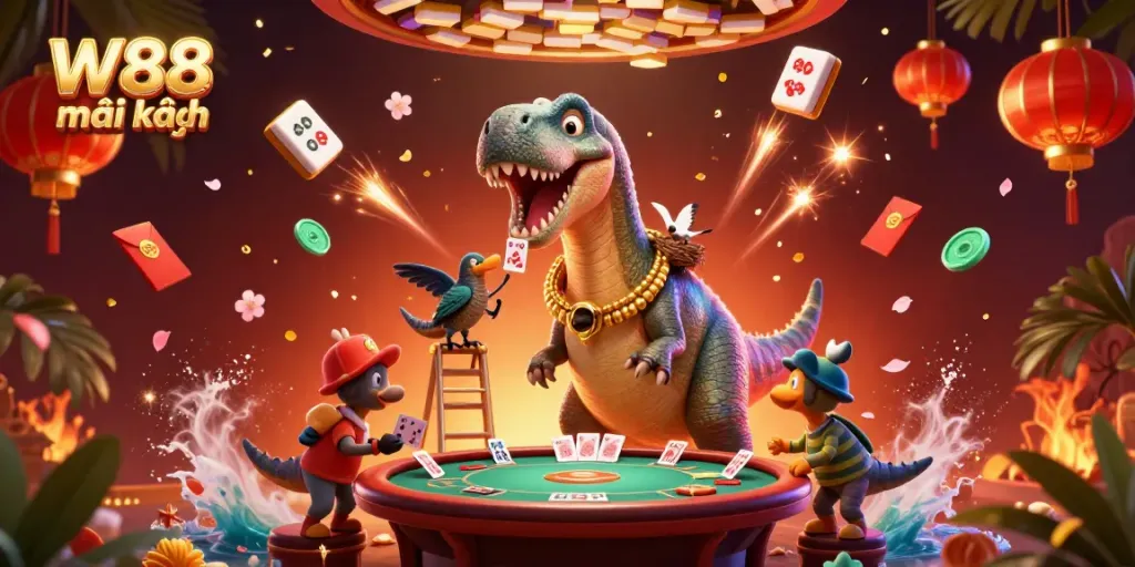 Experience W88 mới nhất with 3D cartoon characters engaging in a lively casino scene.