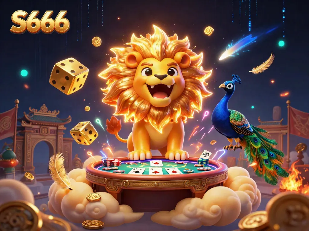S666 offers thrilling poker games amidst vibrant, dynamic casino-themed illustration.