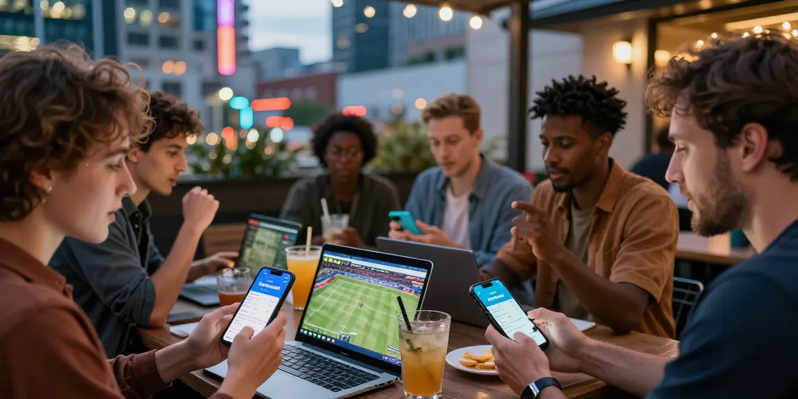 Group of bettors using Link Resmi Sbobet Dewacash app on mobile devices in an energetic urban setting.