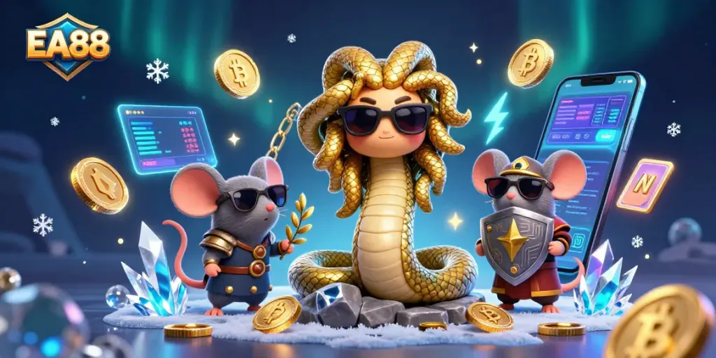 Experience EA88 with vibrant casino elements featuring Medusa and a warrior mouse, enhancing your gaming adventure.