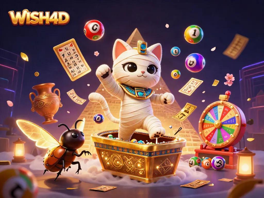 Experience WISH4D's thrilling gaming action with an Egyptian mummy cat in a vibrant casino.