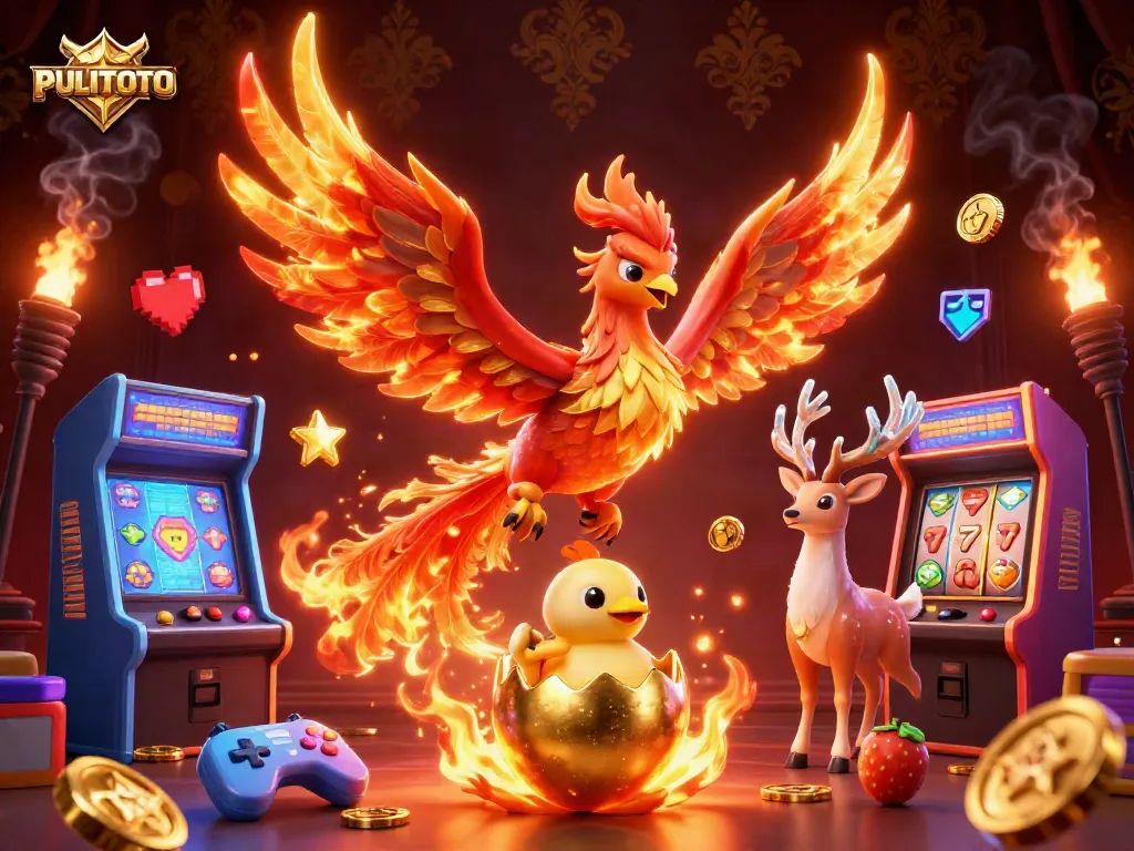 PULITOTO game excitement illustrated with vibrant phoenix and casino elements in 3D.