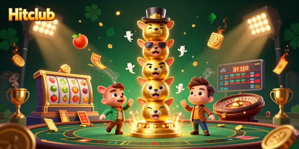 Hitclub charms players with vibrant slots and a golden totem pole in a thrilling casino scene.
