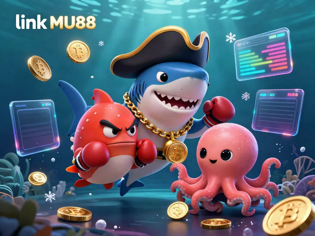 Engage with the exciting world of link MU88, showcasing cartoon characters among Bitcoin and Ethereum coins in a vibrant casino underwater scene.