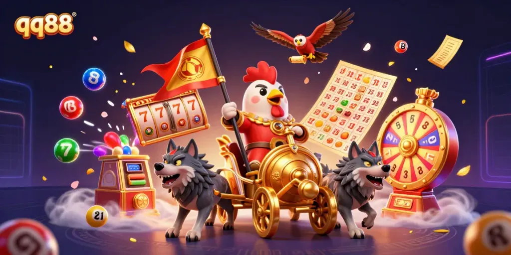 Join the thrill of qq88, where a rooster warlord and wolves explore vibrant slots and games!