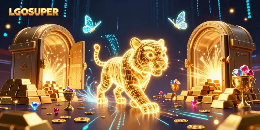 Experience LGOSUPER's vibrant digital casino with a golden tiger and dazzling treasures.