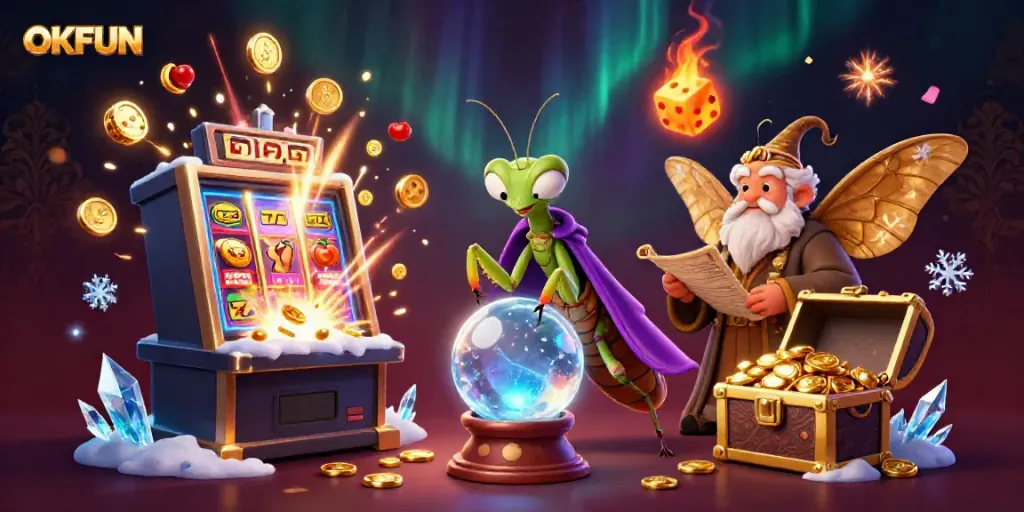 Experience winning moments with OKFUN as a cartoon fortune teller reveals jackpots and bonuses in a magical scene.