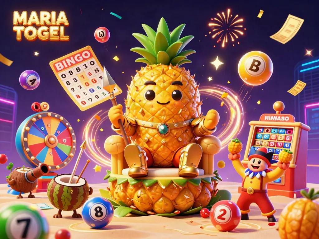 Engage in vibrant MARIATOGEL casino festivities with a cartoon golden pineapple king and lively game elements.